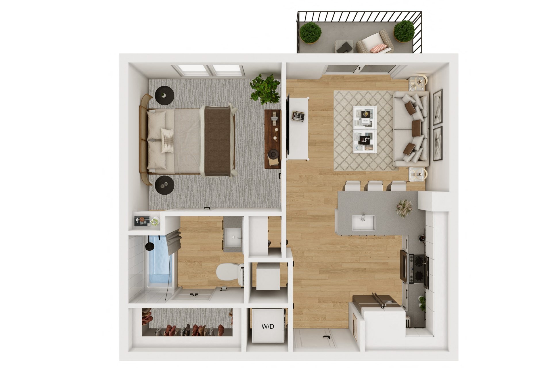 Floor plan for 1 bed, 1 bath, 576 sqft